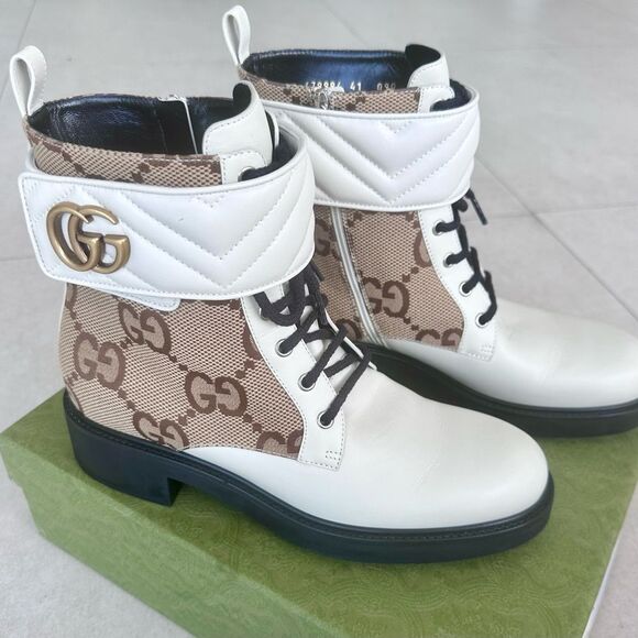 Gucci Flores Macro GG Monogram Nappa Matelasse Marmont GG Boots Mystic White 41 - Picture 2 of 14